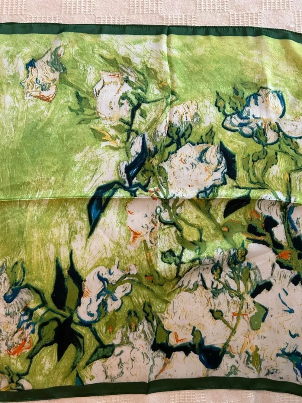 Artist Green Floral Silk like Scarf approximately 27” x 27” new with tags